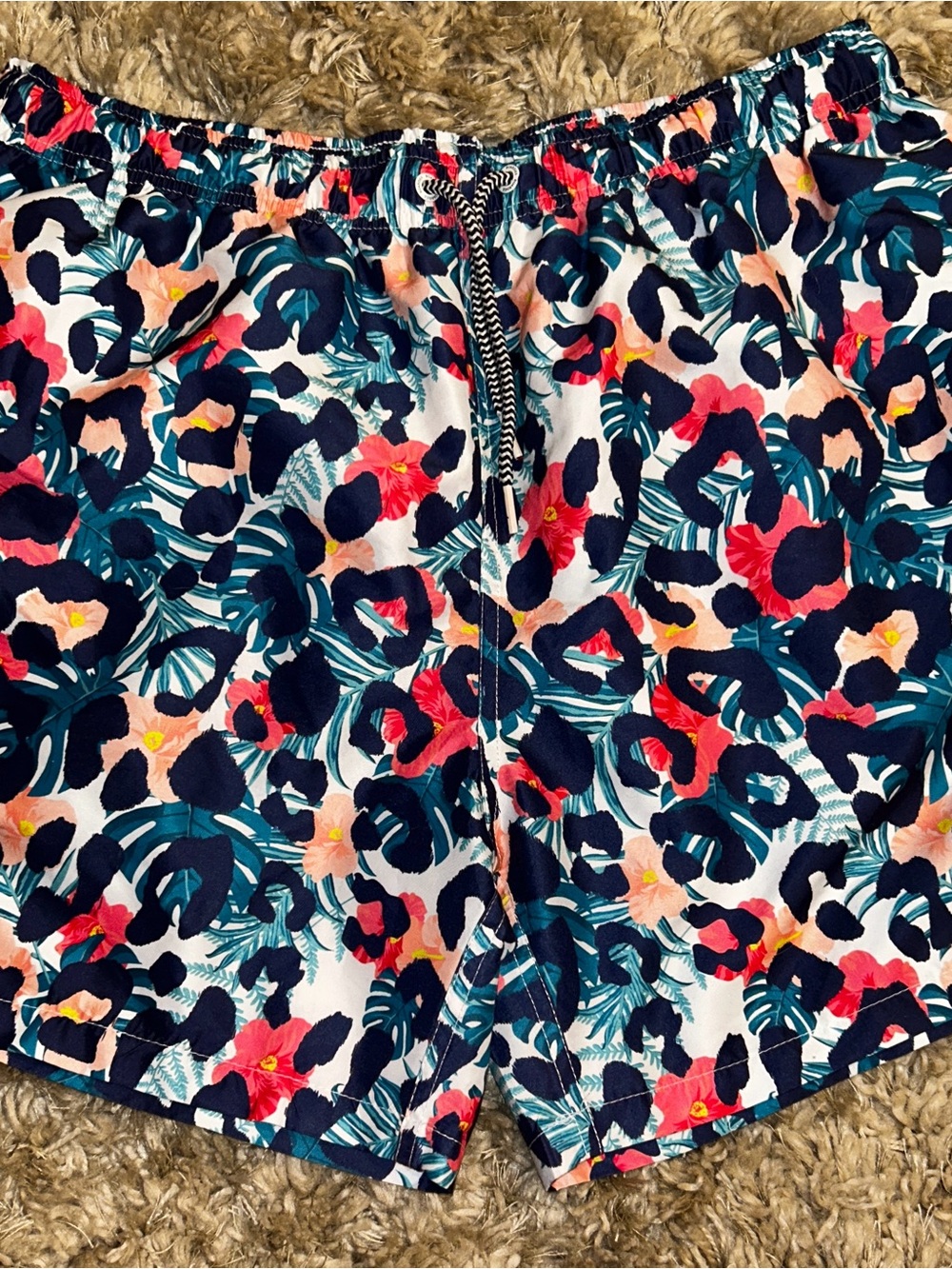 Mens Floral Print Drawstring Swim Shorts - Navy, Teal & Pink